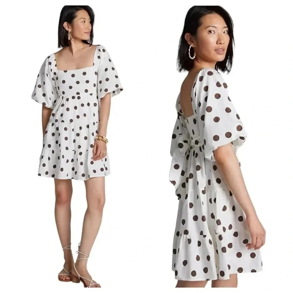 FAITHFUL THE BRAND |Eryn Bessie Dot Motif Puff Sleeves Smoked Back Dress Size 12